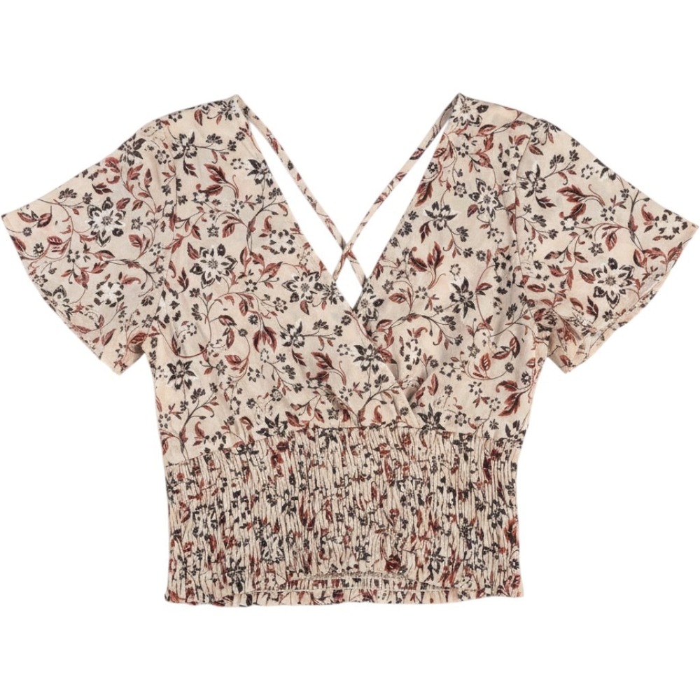 Paper Crane Womens Small Ivory Floral Smocked Waist Wrap Blouse Flutter Sleeve